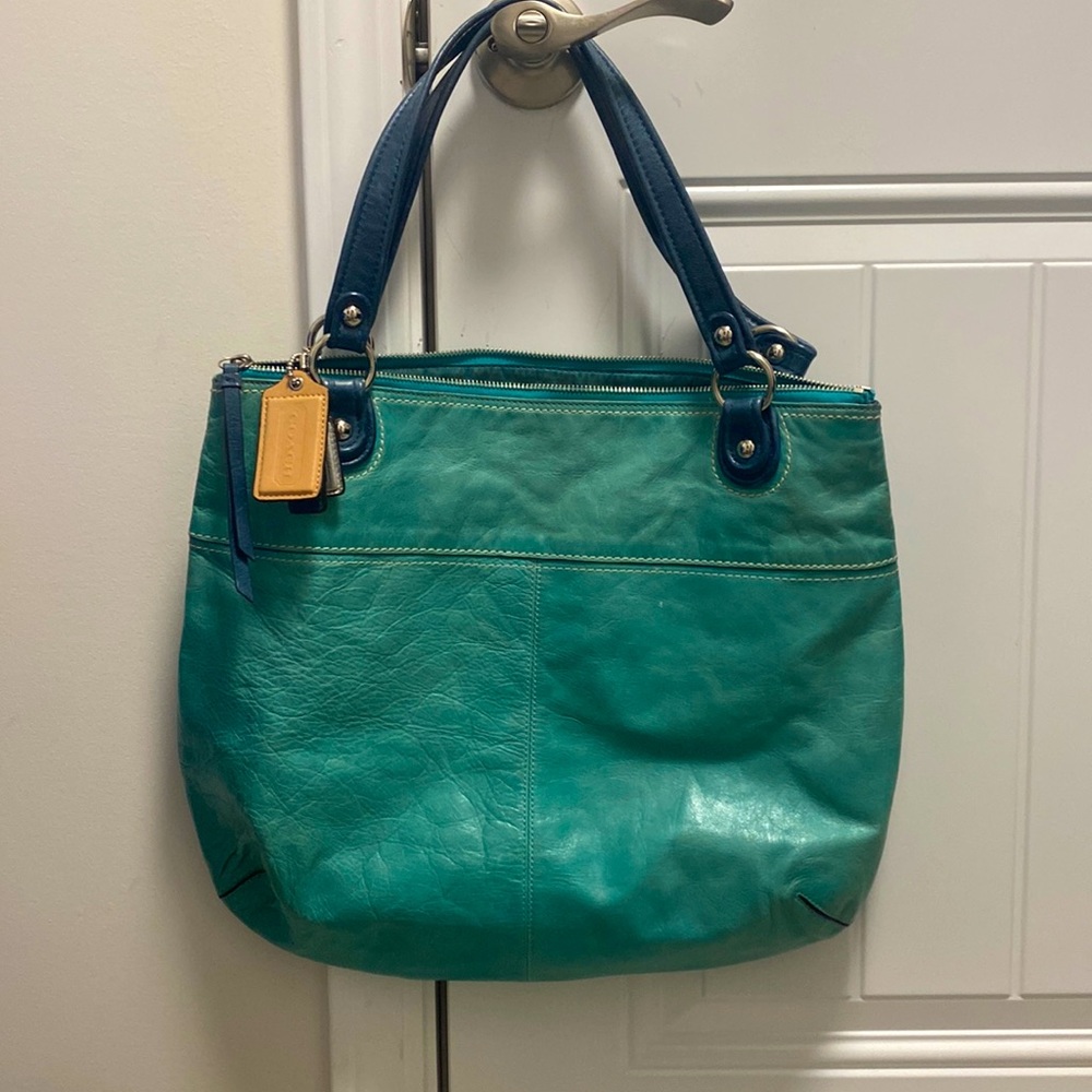 Teal and navy leather coach bag